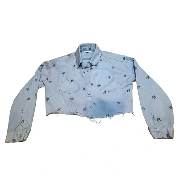 PacSun Women’s Dreamy Cropped Size M/L Mushroom Embroidered Denim Jacket - Picture 3 of 8